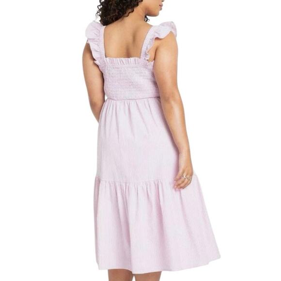 NWT Eloquii Pink Striped Smocked Ruffle Midi Dress – Size 18/20 Plus - Picture 2 of 10